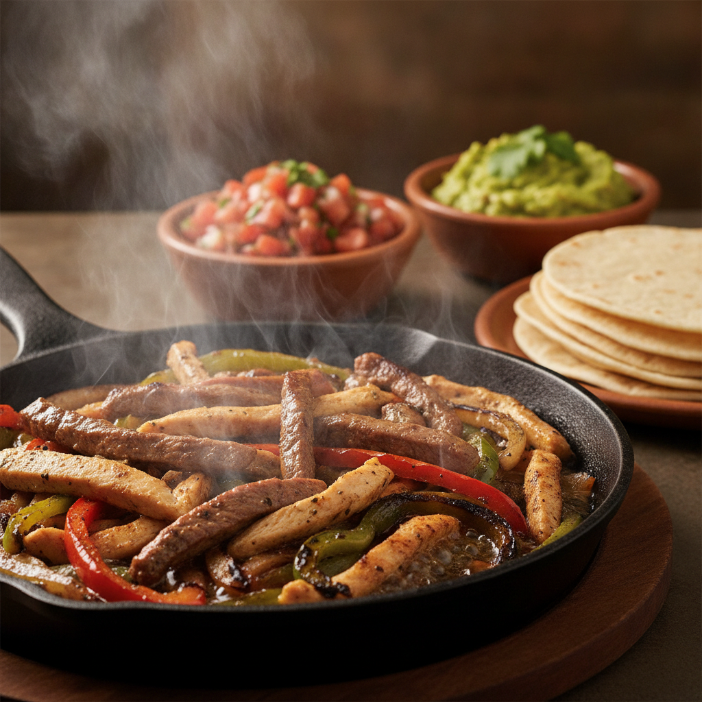 Close-up of sizzling fajita skillet with peppers and onions for family dinner at a Mexican grill