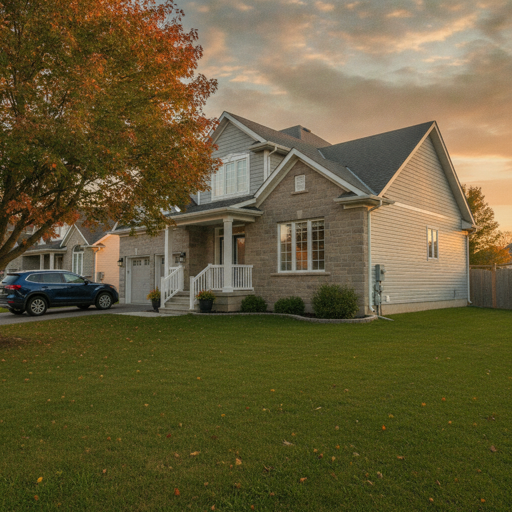 Golden hour exterior of a well-staged Canadian home ready to sell, showcasing curb appeal and strong first impressions