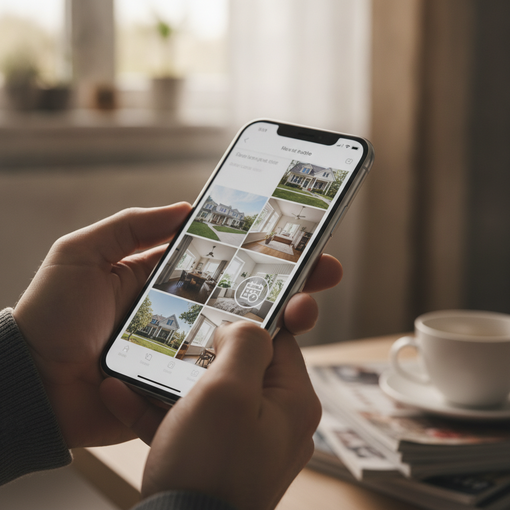 Close-up of a homeowner using a real estate app to schedule home viewings and message verified buyers on a social real estate platform
