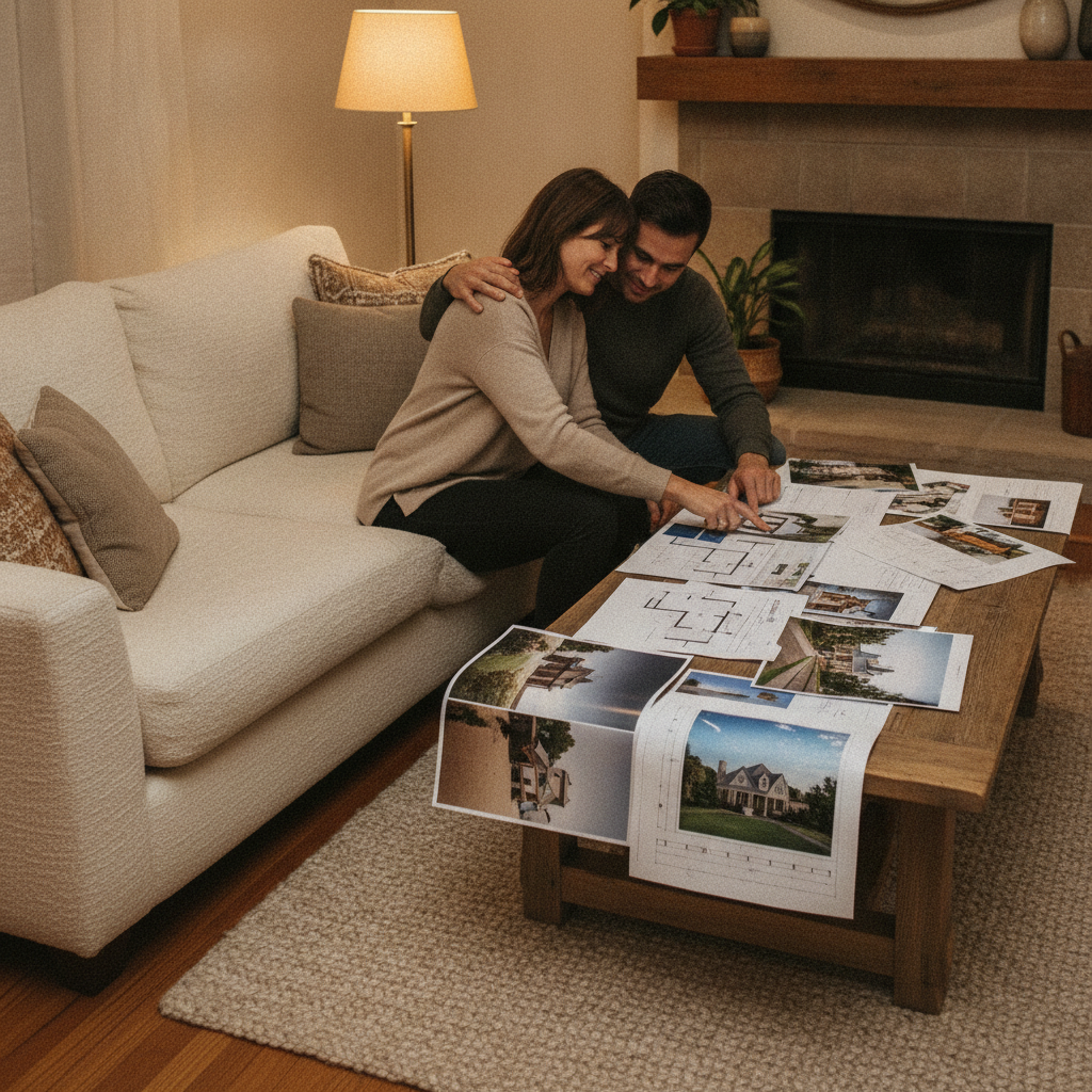 Couple reviewing printed property photos and floor plans found on real estate listing websites, planning tours on a coffee table