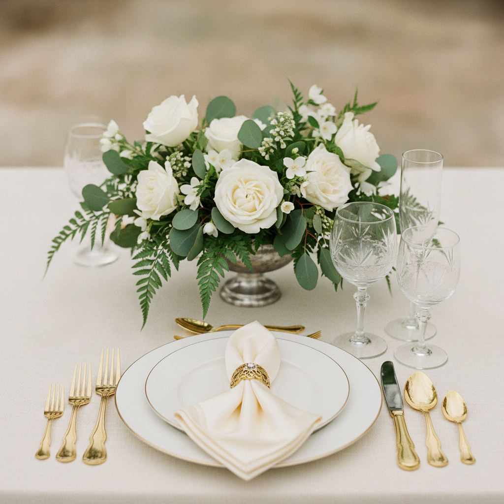 Luxury wedding tablescape with floral centerpiece, gold flatware, and crystal glassware for Leicester wedding planning