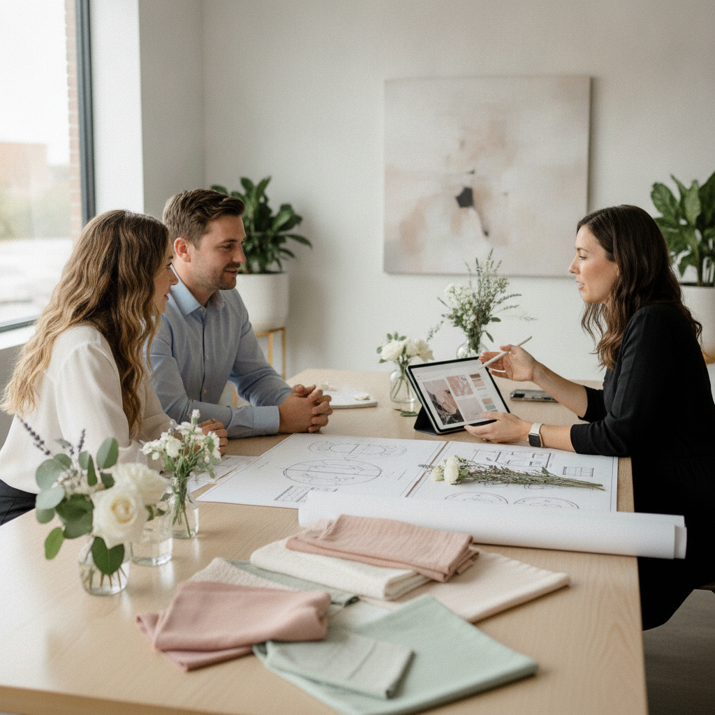 Couple collaborating with a wedding planner on mood boards and floor plans for a Leicester wedding