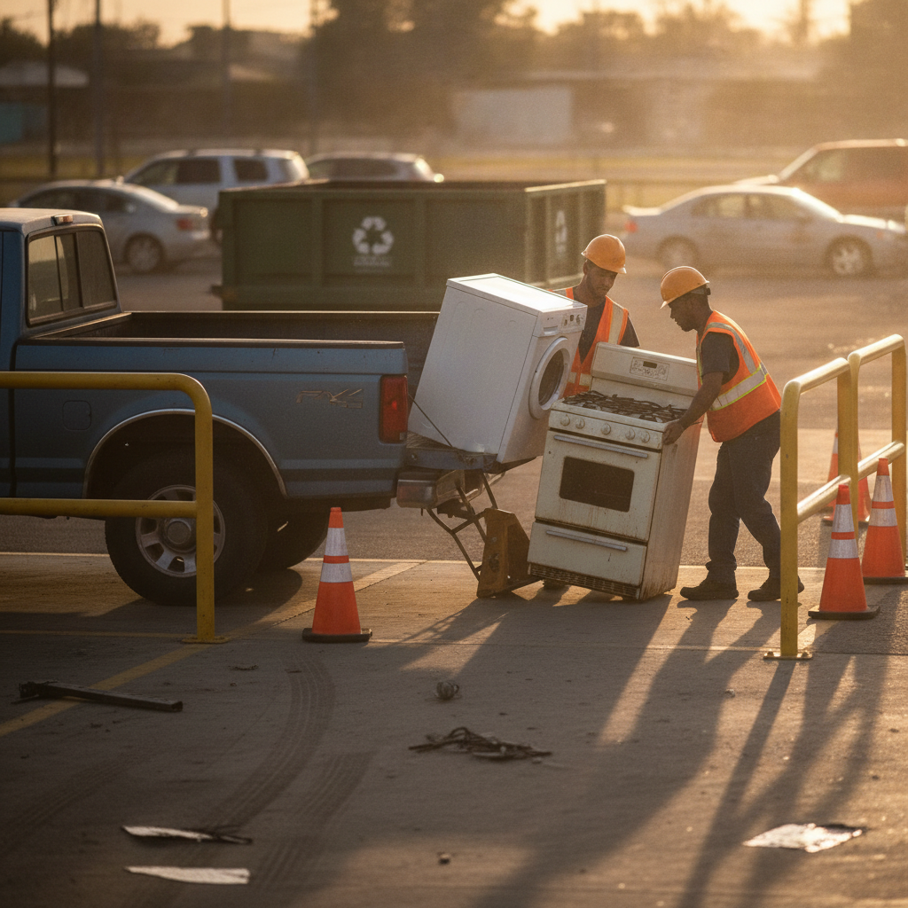 Pickup truck unloading old appliances at a recycling center drop-off lane in Etobicoke, staff assisting for safe appliance recycling