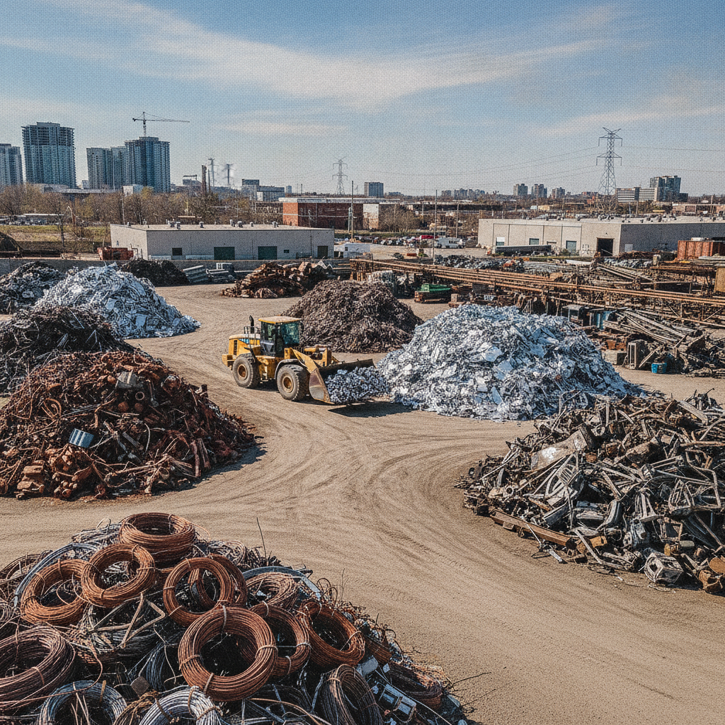 Wide overview of a metal recycling center yard in Etobicoke with organized piles of copper, aluminum, and steel