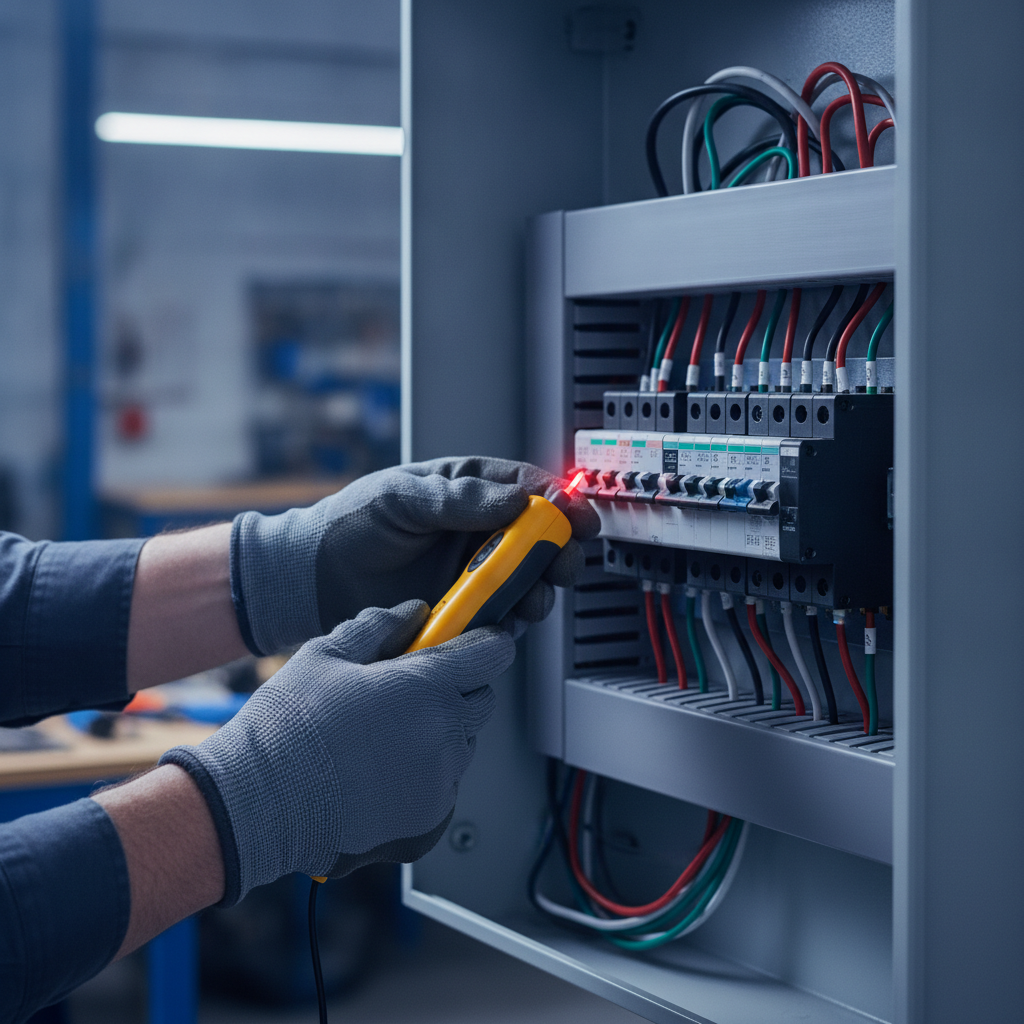 Close-up electrical inspection with non-contact voltage tester at a breaker panel during a home electrical inspection