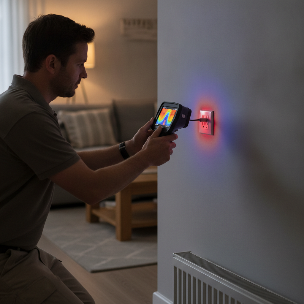 Thermal imaging during an electrical inspection scanning a wall outlet to detect abnormal heat patterns in a modern home