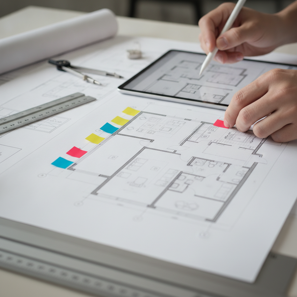 Close-up of a pre-construction coordinator organizing drawings, selections, and long-lead items with color-coded flags