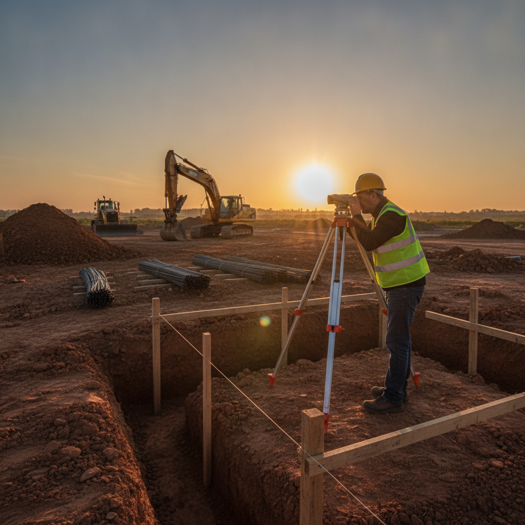 Surveyor setting out a construction site at sunrise, aligning pre-construction planning with field execution