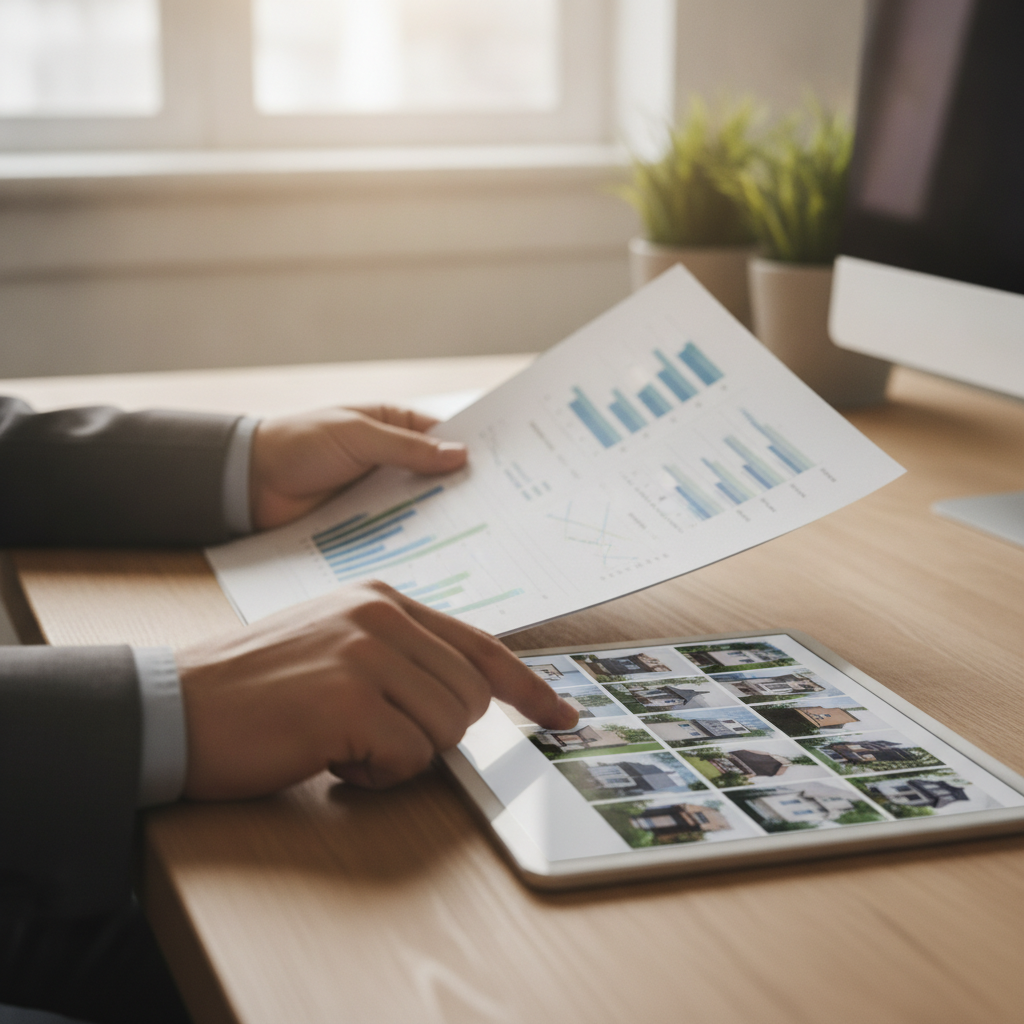 Close-up of a realtor reviewing a seller market report and home listings thumbnails on a tablet for a Brampton real estate market report for sellers