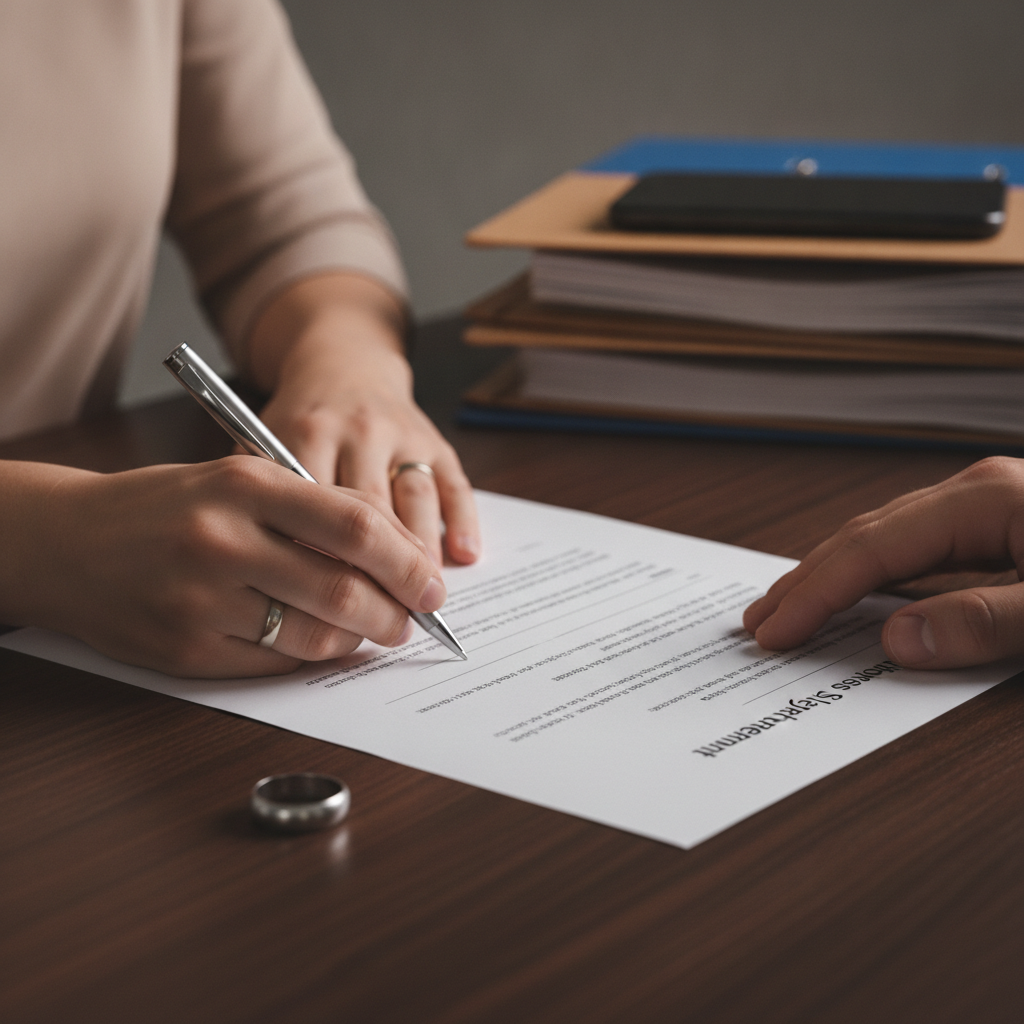 Close-up of signing a separation agreement with a Toronto divorce lawyer; detail shot highlights disclosure, signatures, and wedding ring to show transition