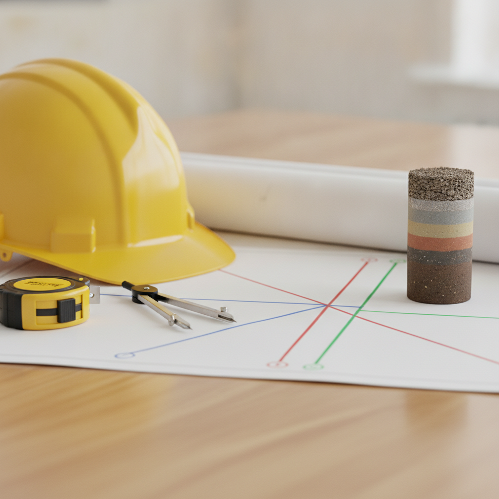 Close-up of design and build blueprints, tools, and soil sample for Texas site preparation and excavation
