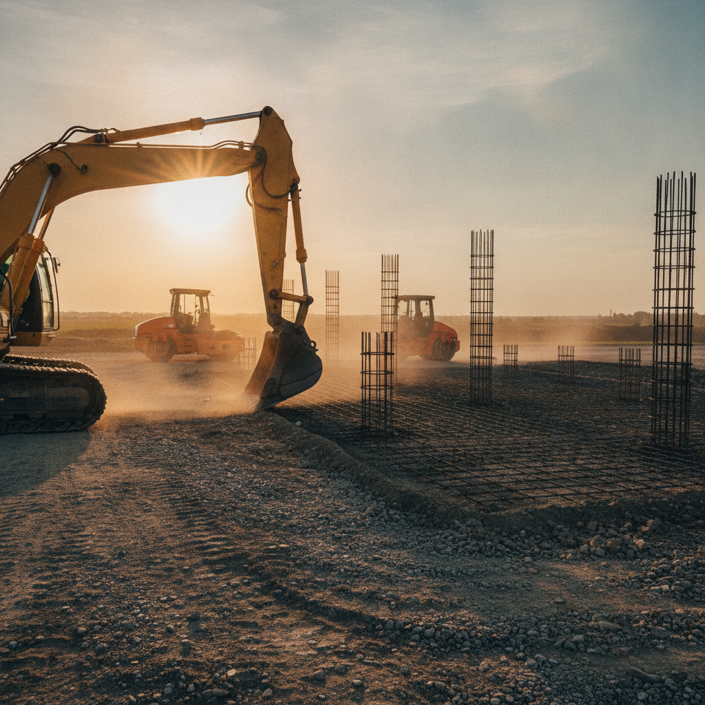 Excavator grading a commercial fuel retail site during design–build site preparation in Texas