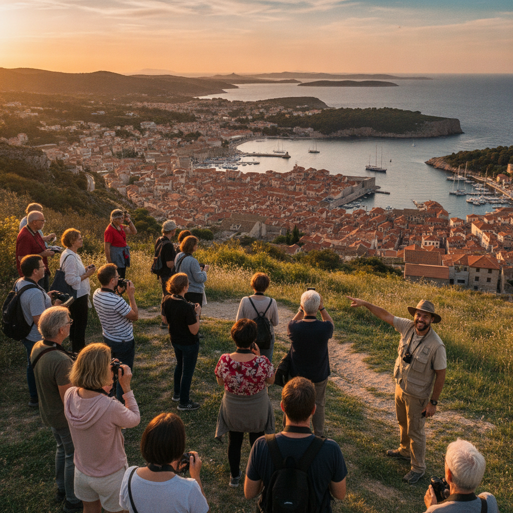 Guided Europe tour group at golden hour viewpoint overlooking coastal town rooftops and harbor, matching small-group travel style
