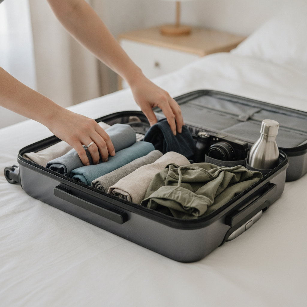 Packing close-up for Europe tours: organized carry-on with rolled clothes, jacket, camera, and water bottle for efficient guided travel
