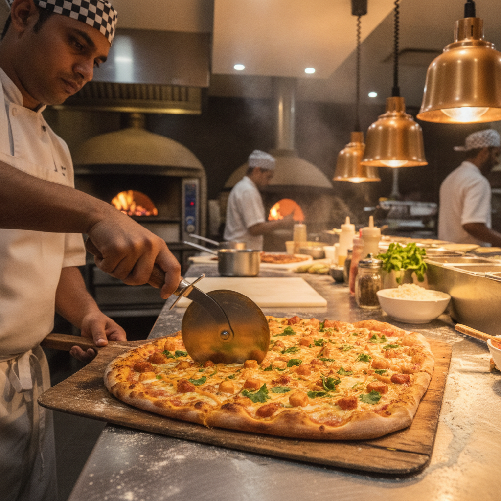 Chef slicing a specialty paneer or butter chicken pizza in a pizzeria kitchen, prepared for hot delivery in Kemptville