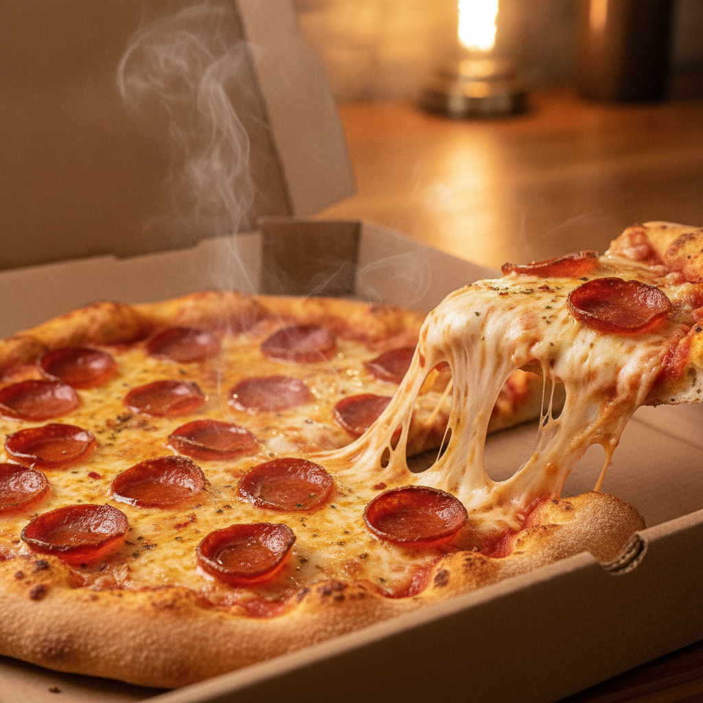 Close-up of a steaming pepperoni pizza in an open delivery box, showing pizza hot delivery quality on arrival