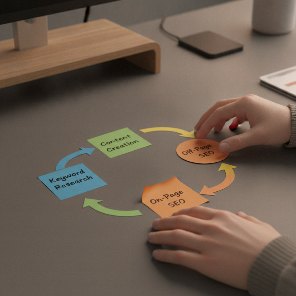 Close-up of an organized automated SEO workflow using color-coded task cards, representing AI-powered planning and content optimization