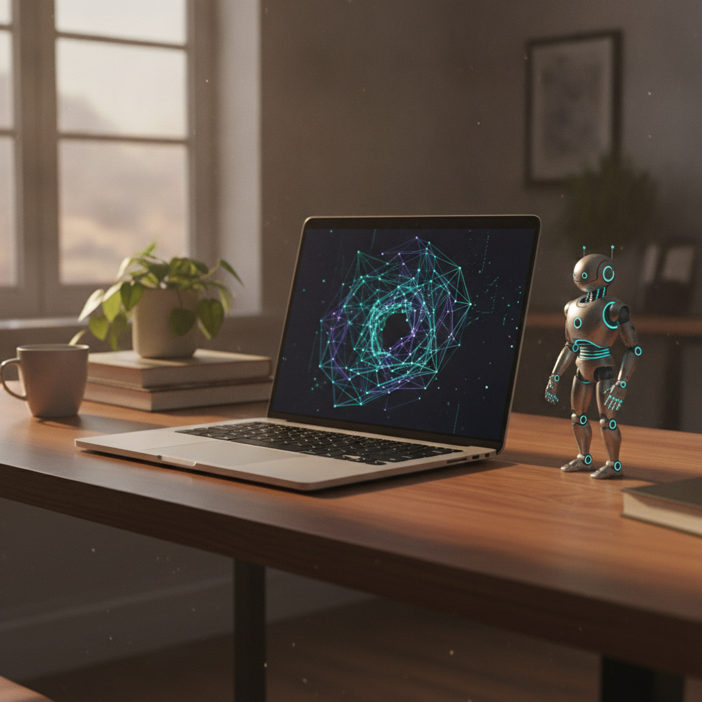 Laptop running an automated SEO process beside a small robot figurine, conveying hands-free publishing and optimization