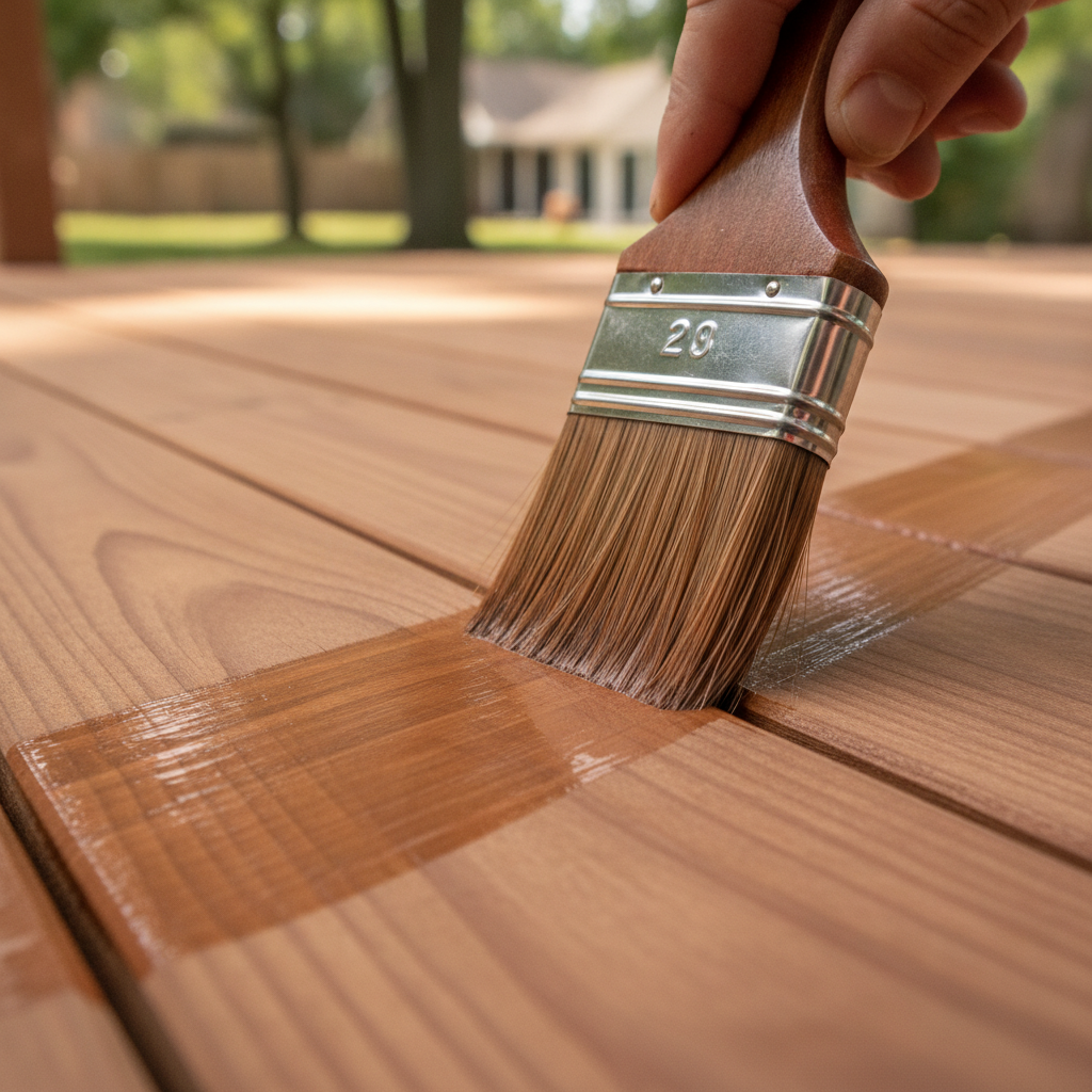 Close-up of professional applying semi-transparent deck stain with brush, even strokes and visible wood grain for deck staining services