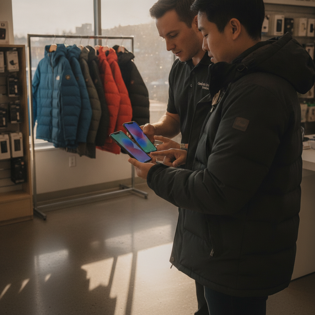 Customer comparing refurbished smartphones with a TechBrotherz specialist in Calgary