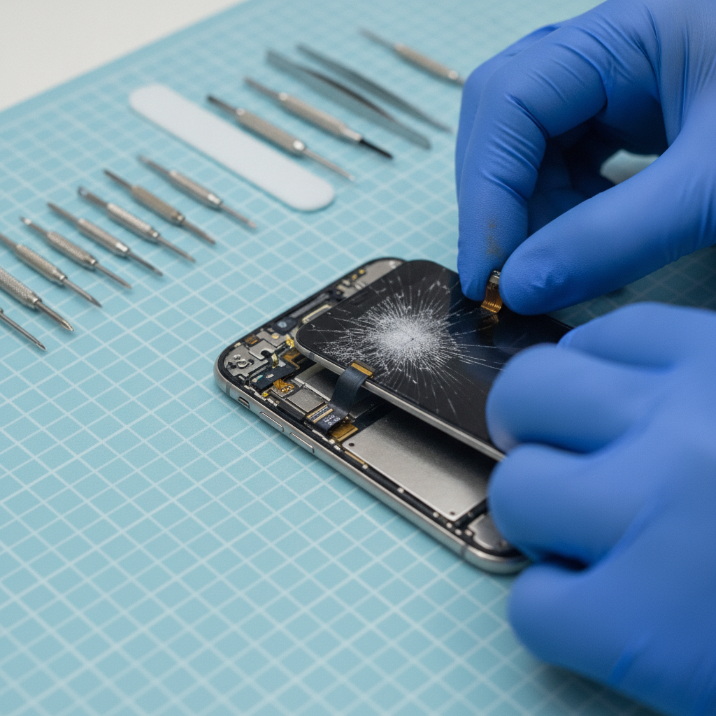 Close-up of technician replacing a cracked iPhone screen during Calgary smartphone repairs at TechBrotherz