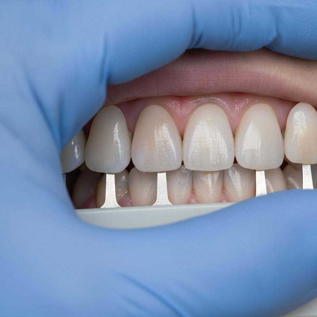 Dentist using a shade guide for family cosmetic dentistry whitening planning in Scarborough