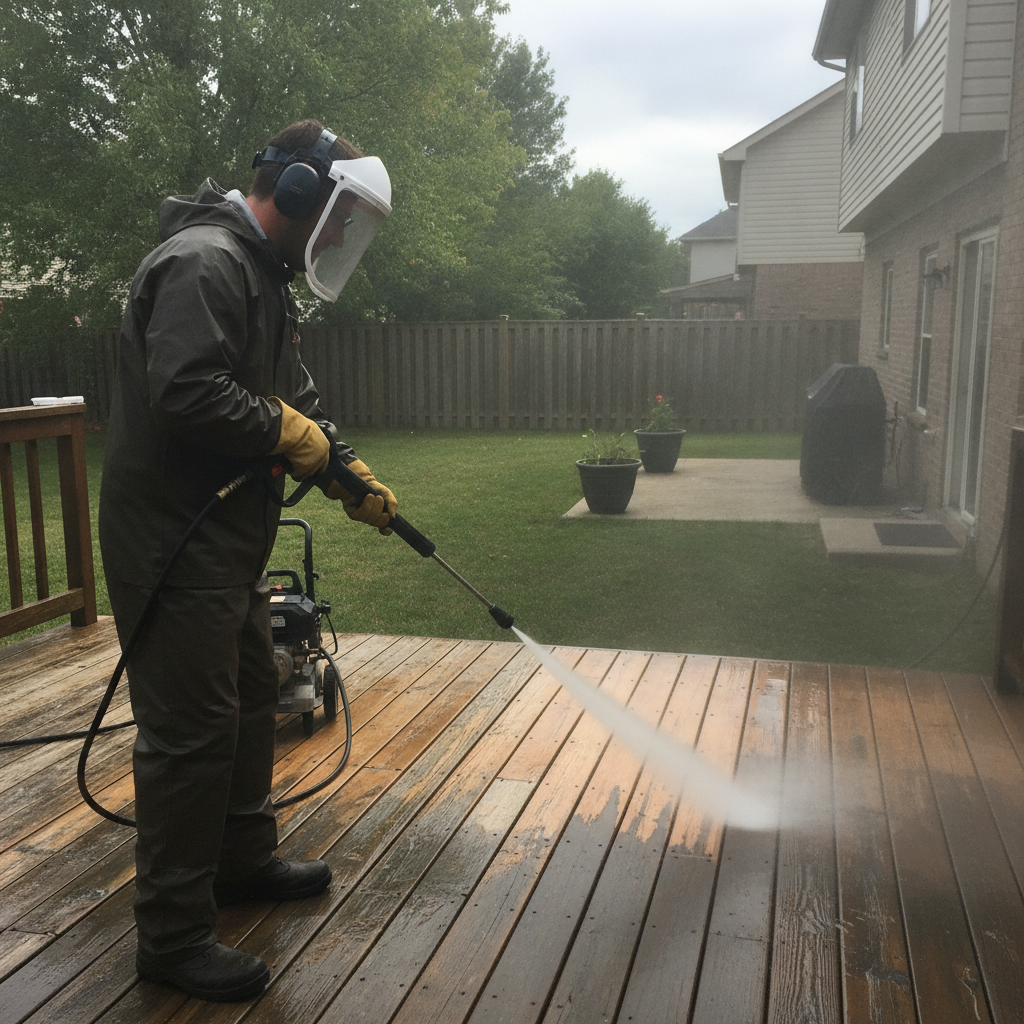 Power washing a weathered deck before staining, removing grime and loose fibers as prep for professional deck staining services