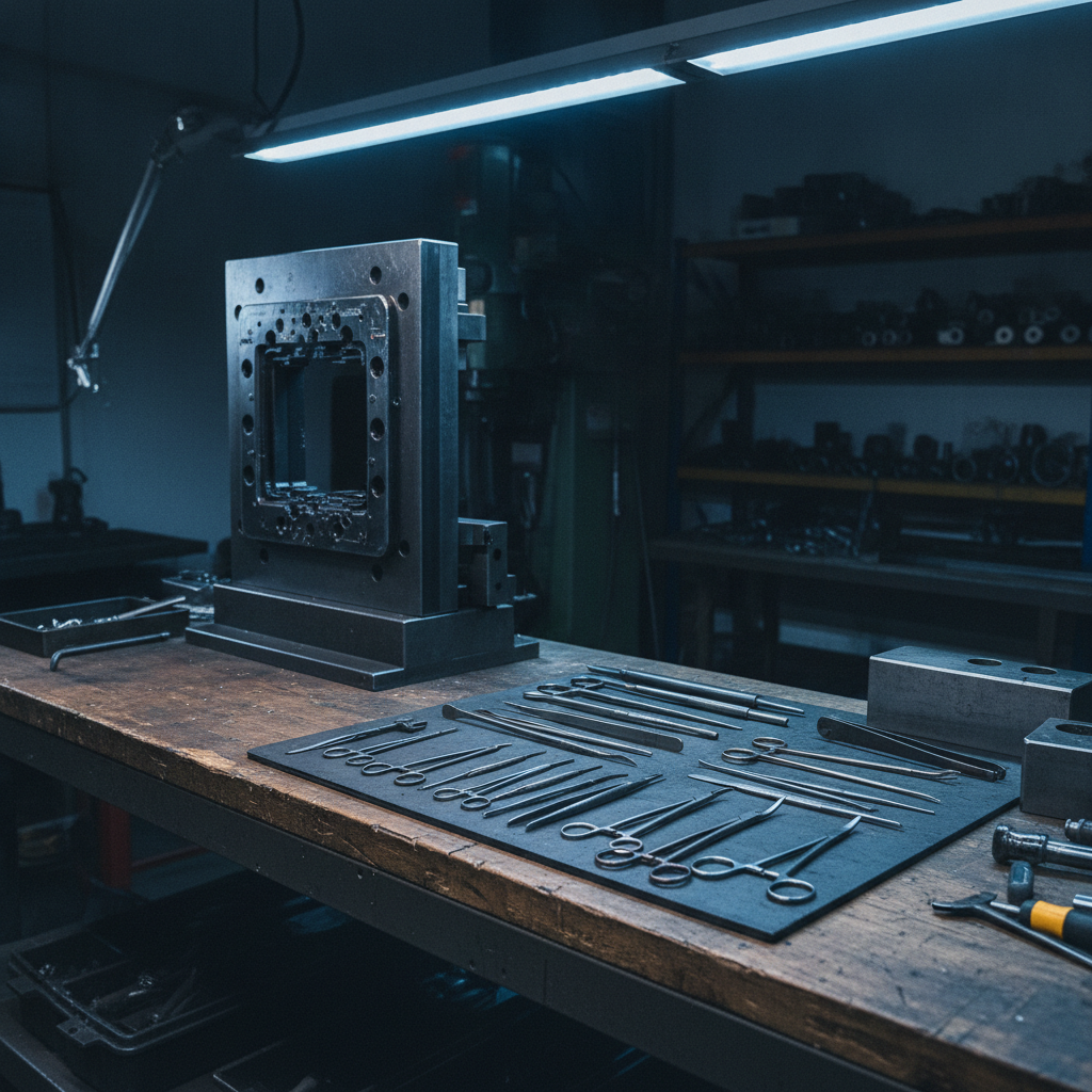 PVD-coated stainless examples: surgical instrument set and stamping die insert on workbench demonstrating PVD stainless steel in real use