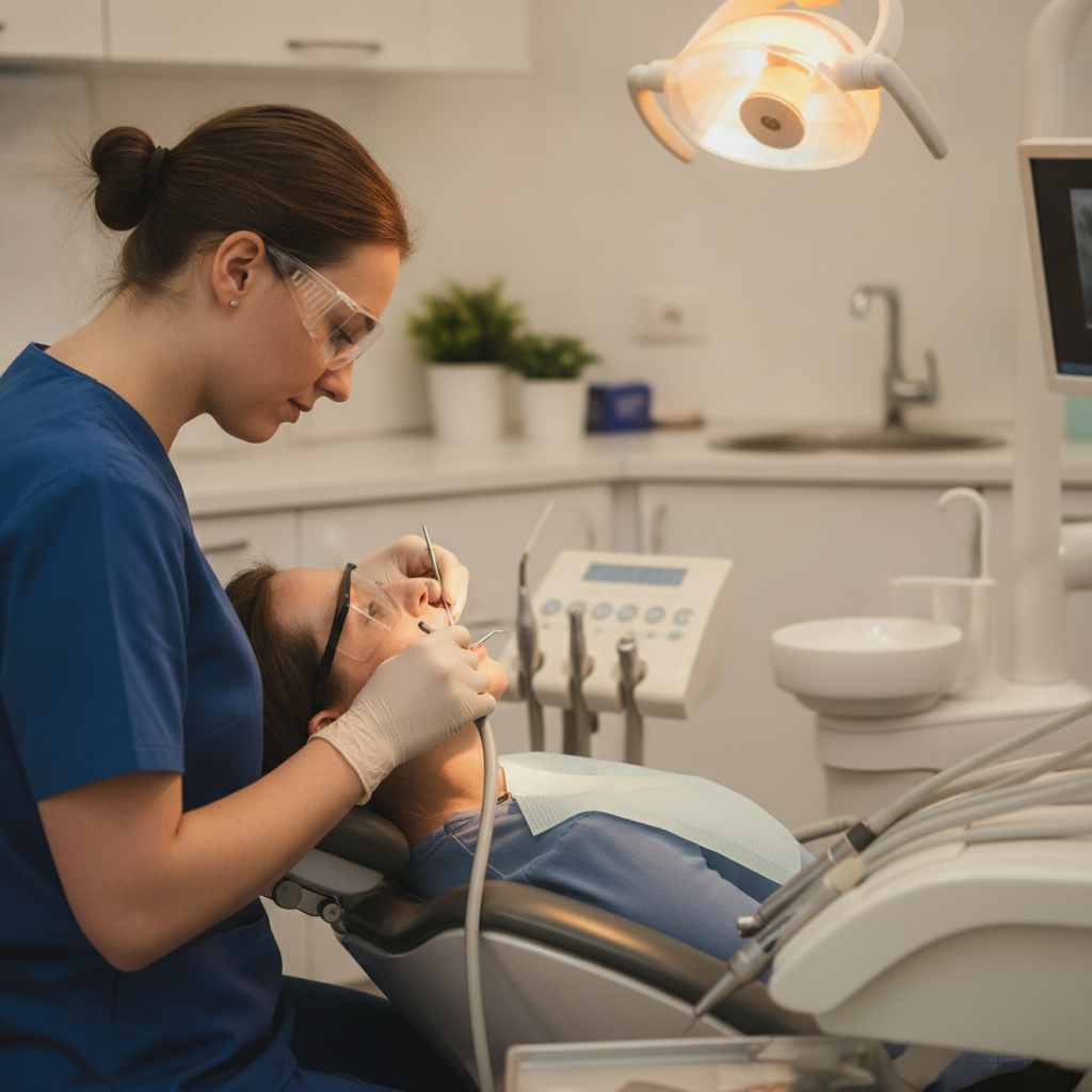 Dental hygienist performing a gentle professional cleaning to support cosmetic dentistry results