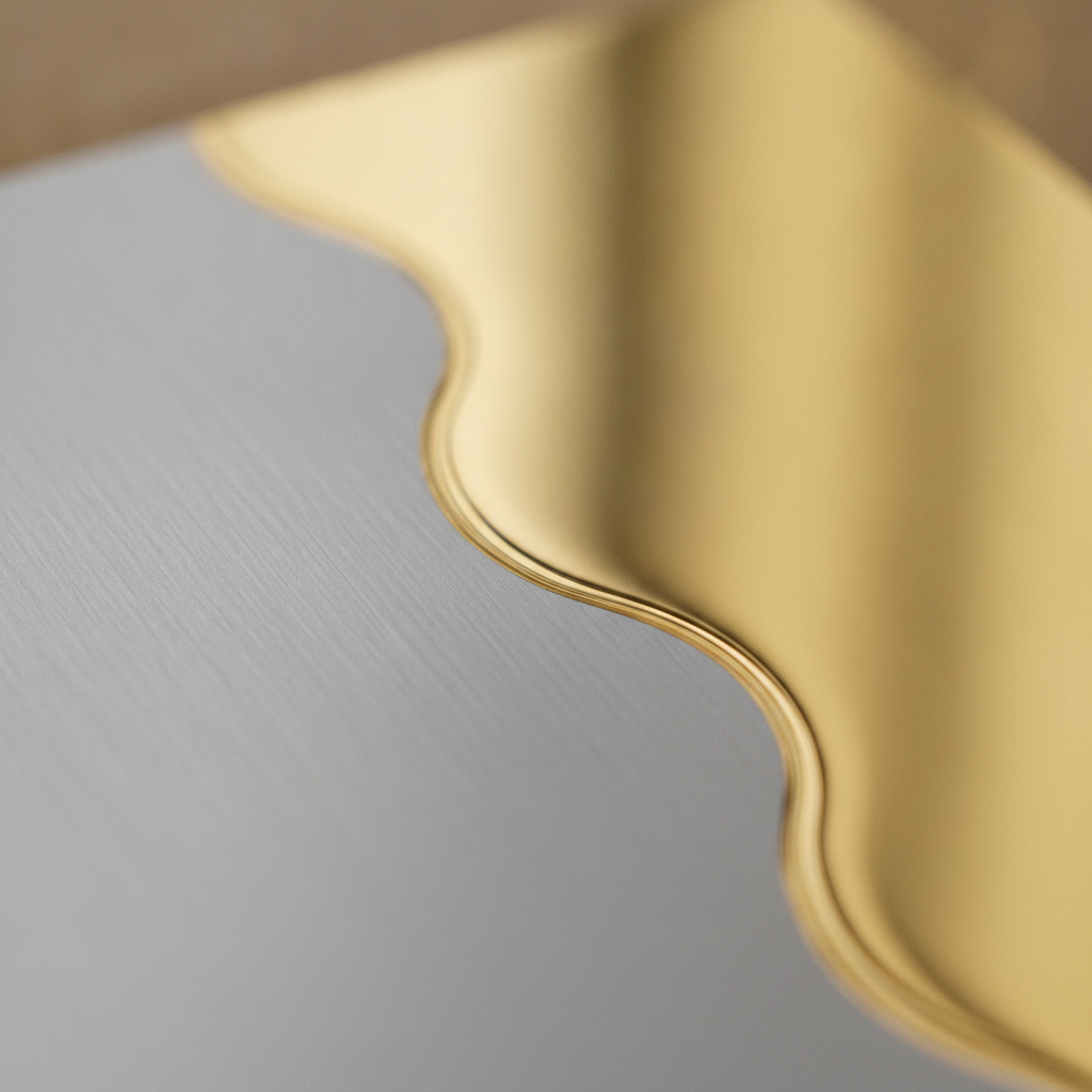 Macro close-up of TiN PVD on stainless steel coupon showing crisp coating edge for PVD stainless steel applications