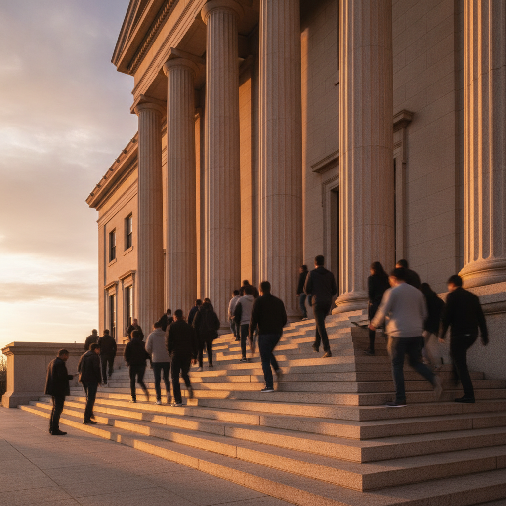 Side-angle view of courthouse steps at golden hour—representing appeals, RAD matters, and Federal Court judicial review handled by immigration attorneys