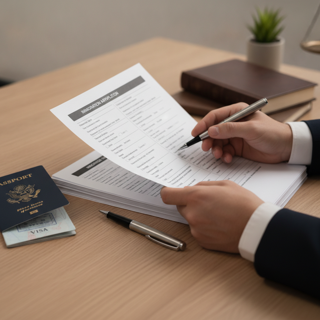 Close-up of immigration forms, passport, and pen—illustrating attorney-led document review for applications and appeals in Ontario