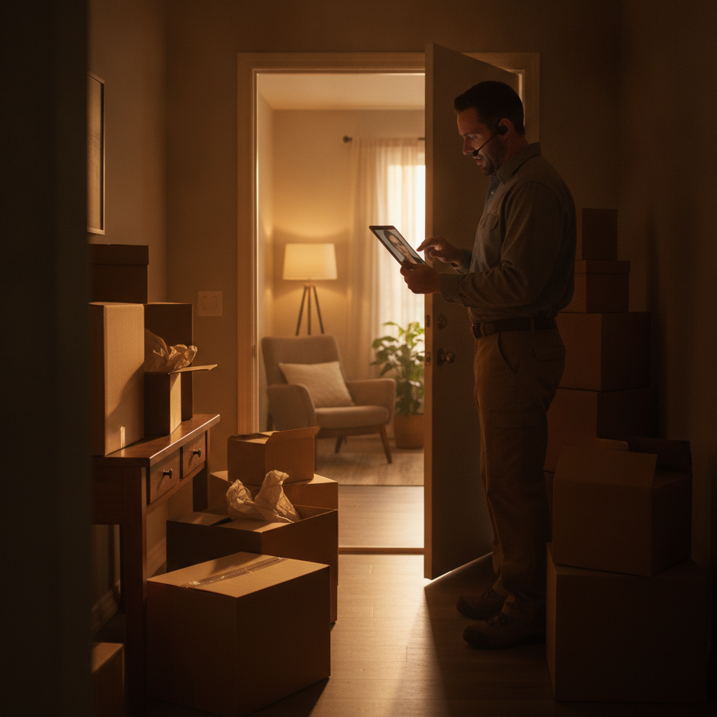 Mover on a video call reviewing hallway access and stacked boxes for a virtual moving estimate