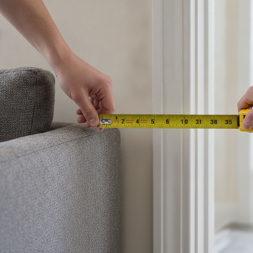 Close-up showing how to measure a sofa and doorway for a precise video quote walkthrough
