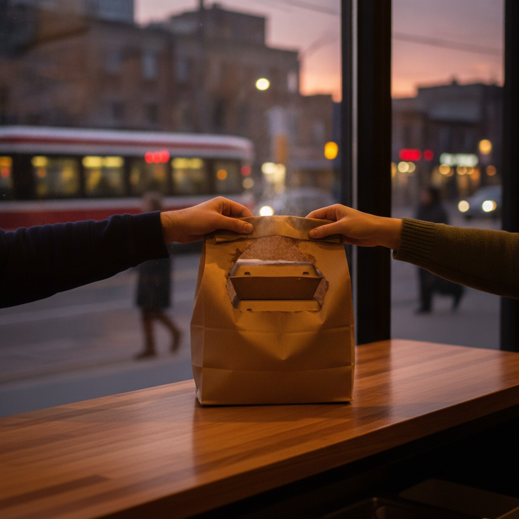 Old Toronto takeout handoff at a pickup counter for fast food to-go