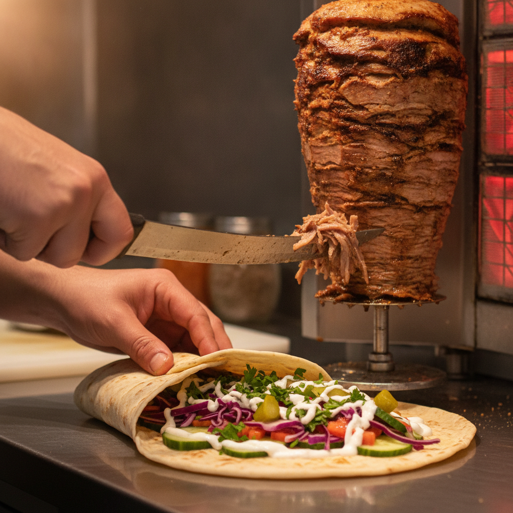 Close-up shawarma wrap being prepared for fast pickup and delivery in Toronto