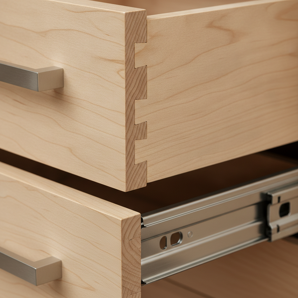 Custom Cabinetry: Save Space and Boost Home Value in 2026 1 Close-up of dovetail maple drawer box with soft-close slides in custom cabinetry, showcasing craftsmanship and durable joinery