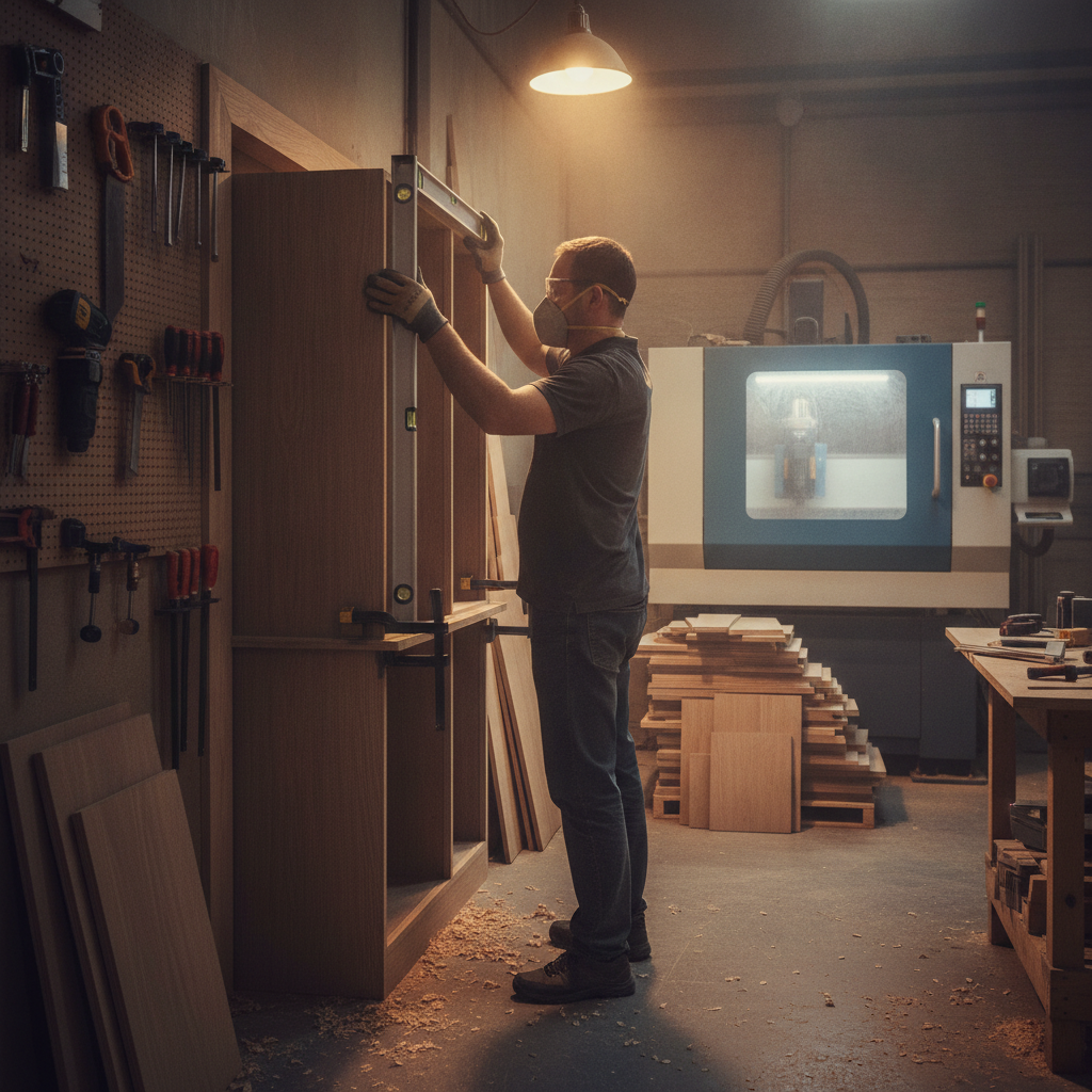 Custom Cabinetry: Save Space and Boost Home Value in 2026 2 Cabinetmaker installing custom cabinets in a workshop with CNC machinery, illustrating professional, factory-direct production workflow