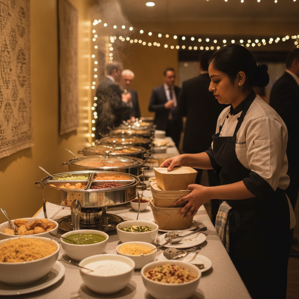 Caterer setting up chafing dishes and labeled boxes for a chaat station at a Brampton house party