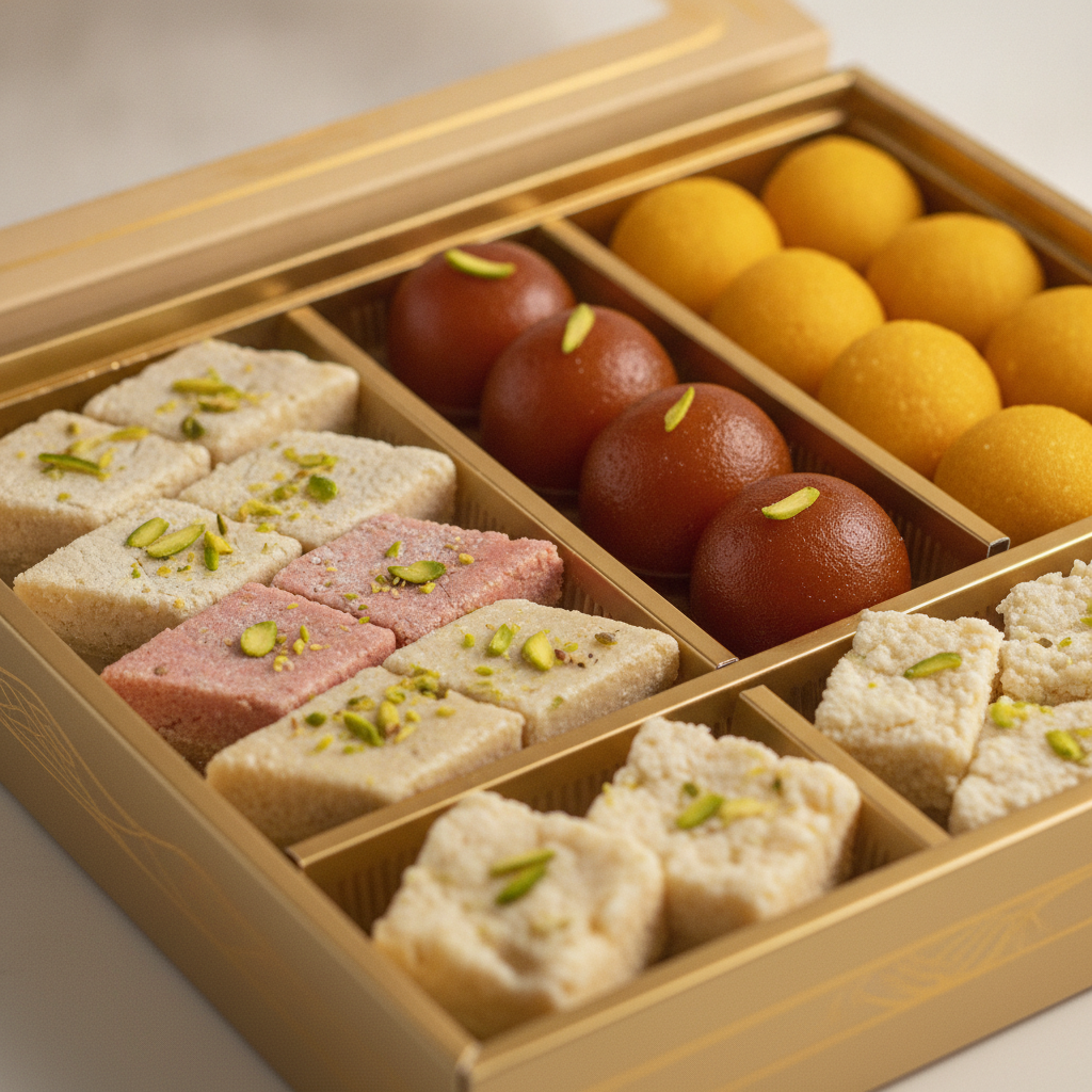 Gift-ready mithai box for party food delivery featuring barfi, gulab jamun, laddoo, and kalakand
