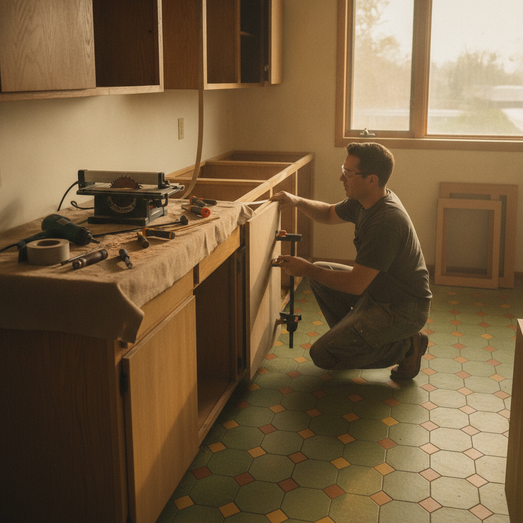 Technician refacing cabinet frames in a mid-century Toronto kitchen, attaching new doors and edge banding during a makeover