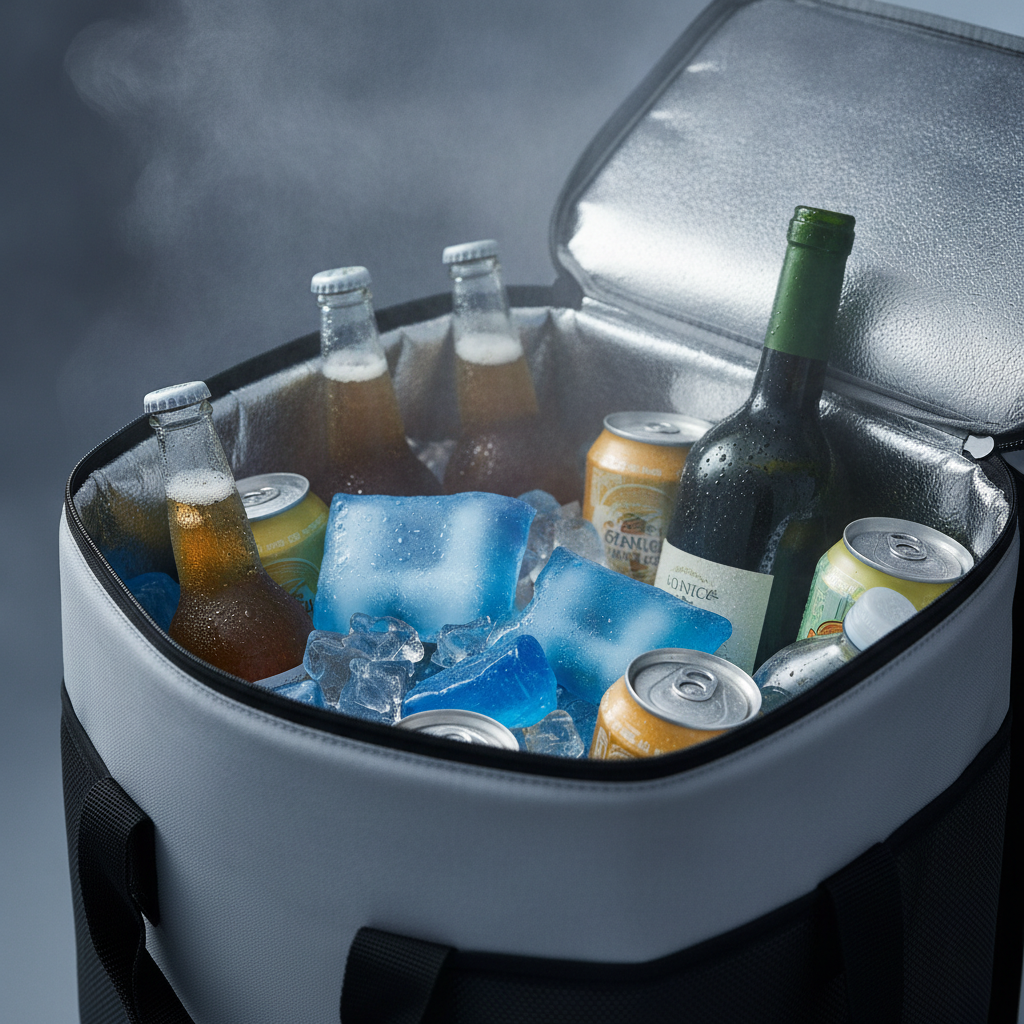 Insulated delivery bag close‑up with beer, wine, and mixers on ice for booze home delivery in Calgary
