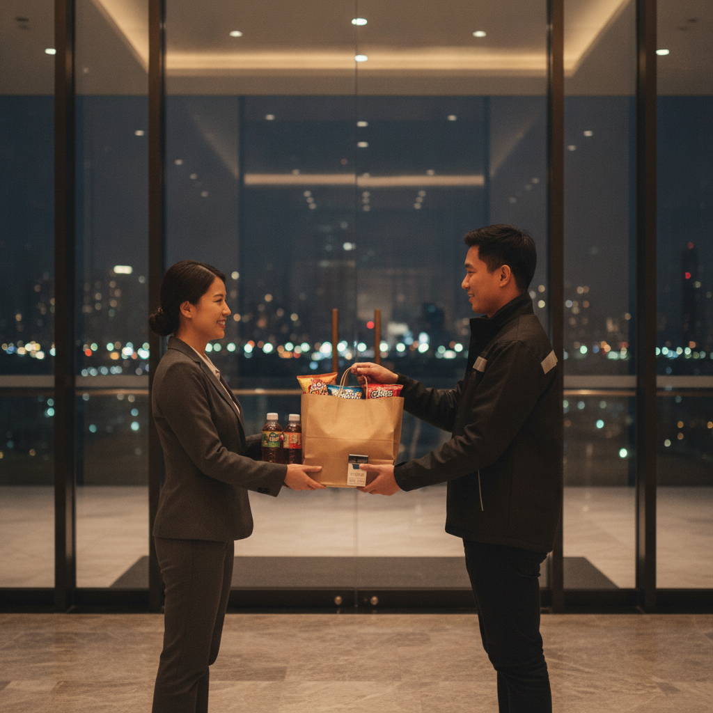 Evening lobby hand‑off of snacks, cigarettes, and beverages for Downtown Calgary booze delivery