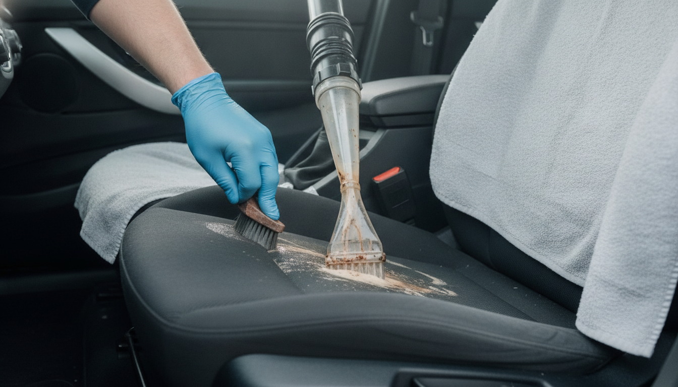 Close-up carpet extractor lifting stains during full interior detailing with careful towel masking around plastics