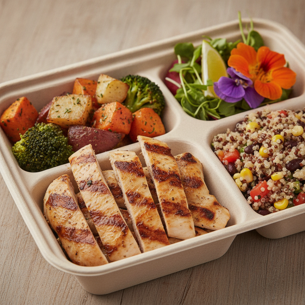 Close-up of a chef-crafted boxed lunch with grilled chicken, roasted vegetables, and quinoa, showcasing individually packaged meals and clear labeling for corporate catering