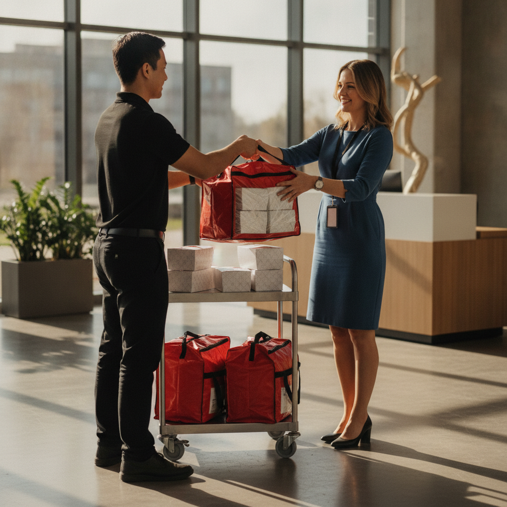 Catering delivery handoff in an office lobby with stacks of sealed boxed lunches in insulated bags, illustrating efficient office lunch delivery logistics in Woodbridge
