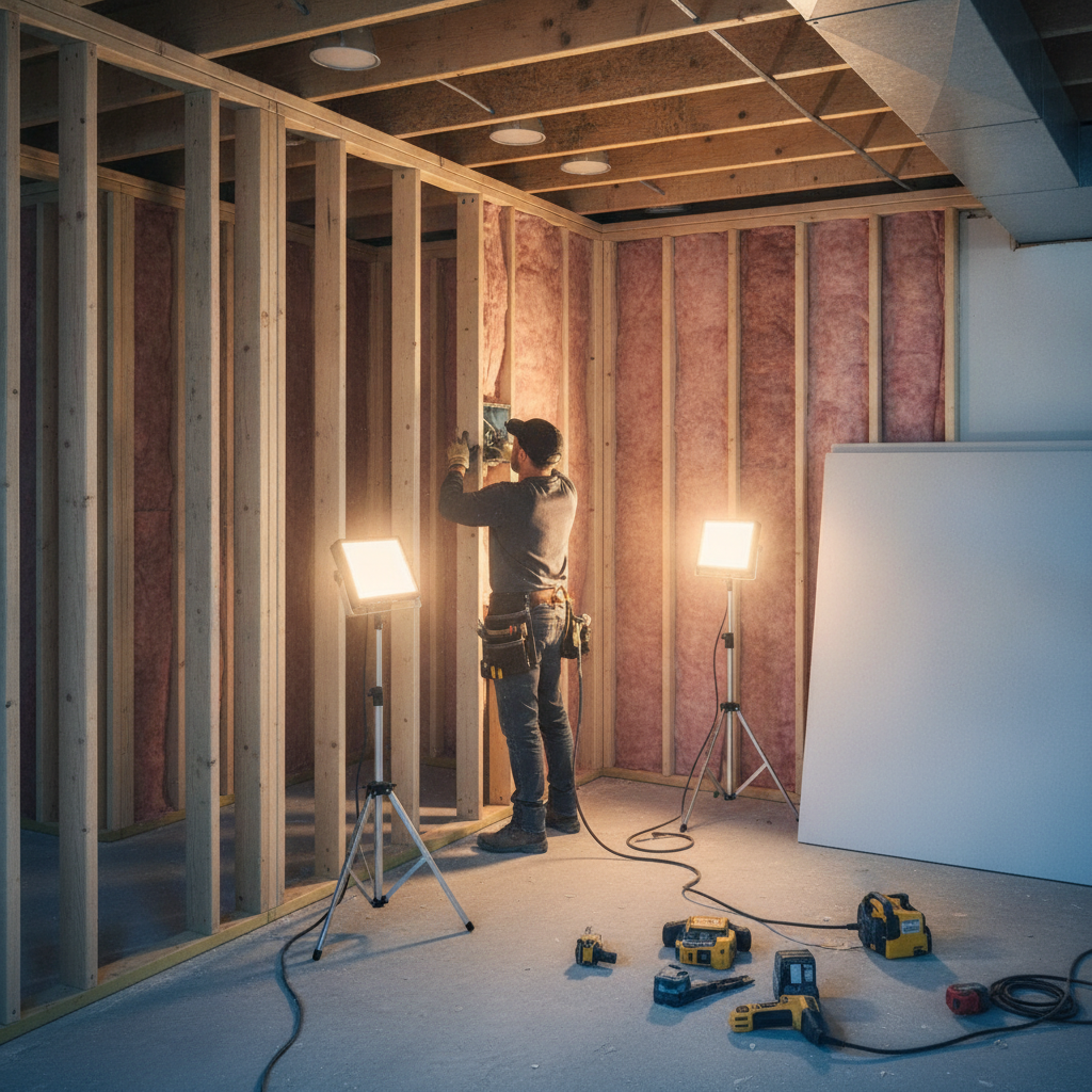 Basement finishing in progress with framing, insulation, and recessed lighting during an Edmonton home makeover