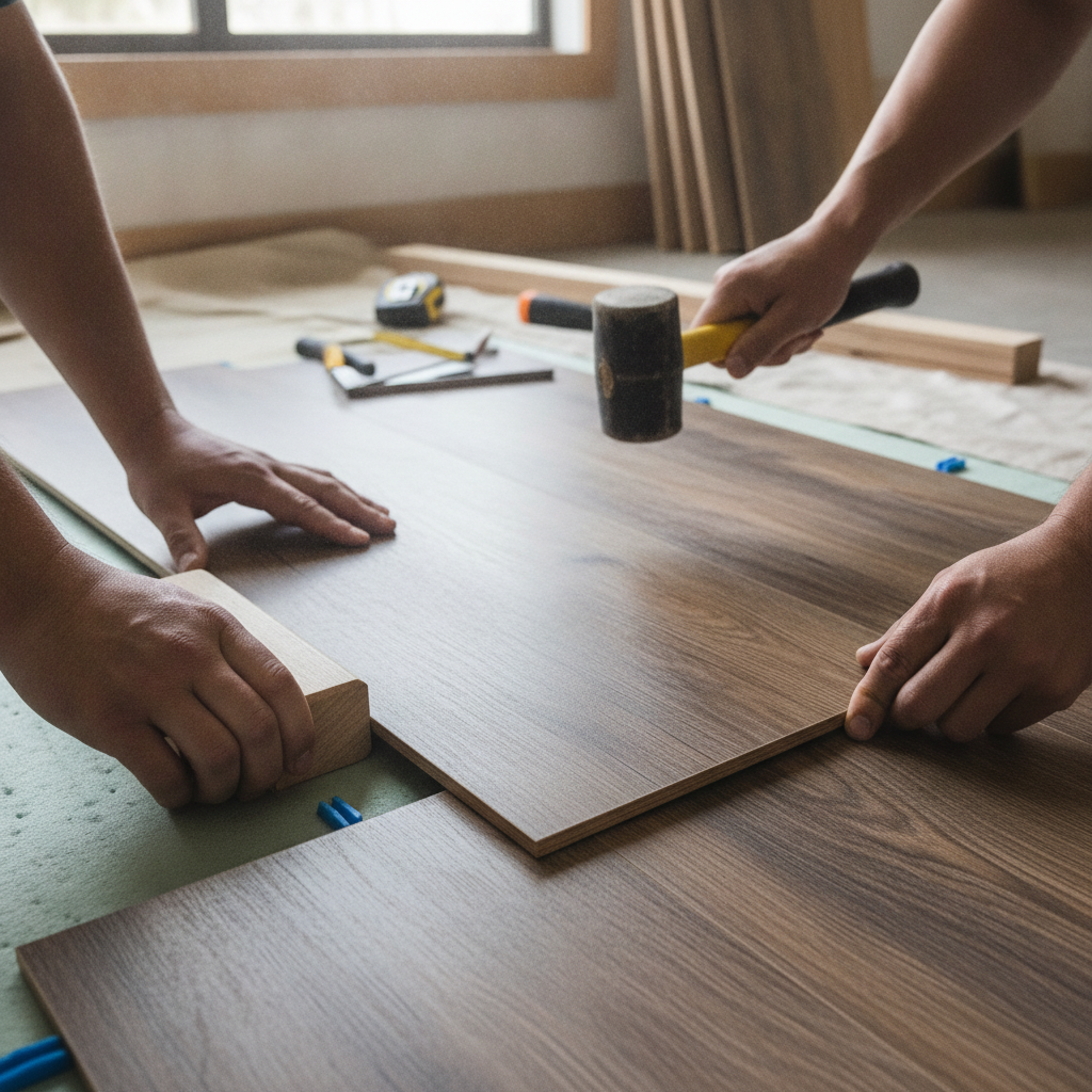 Close-up of professional flooring installation during a home makeover with luxury vinyl plank alignment and tools