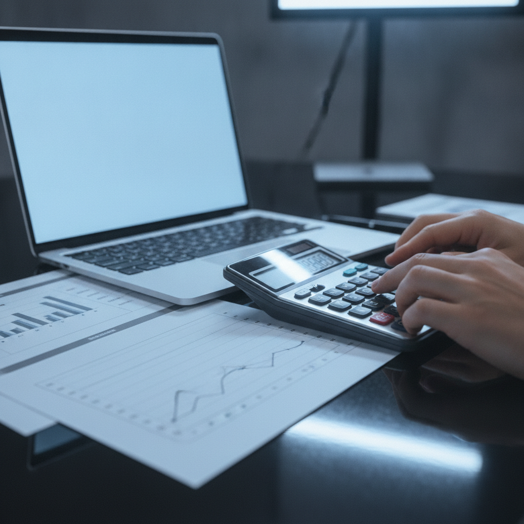 Close-up of hands using a calculator to support financial accounting reconciliations and monthly close in Parramatta