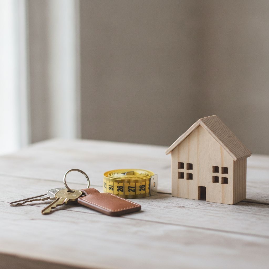 Close-up of house keys, measuring tape, and model home illustrating how to price your home for sale in Edmonton with accurate measurements and MLS comparables
